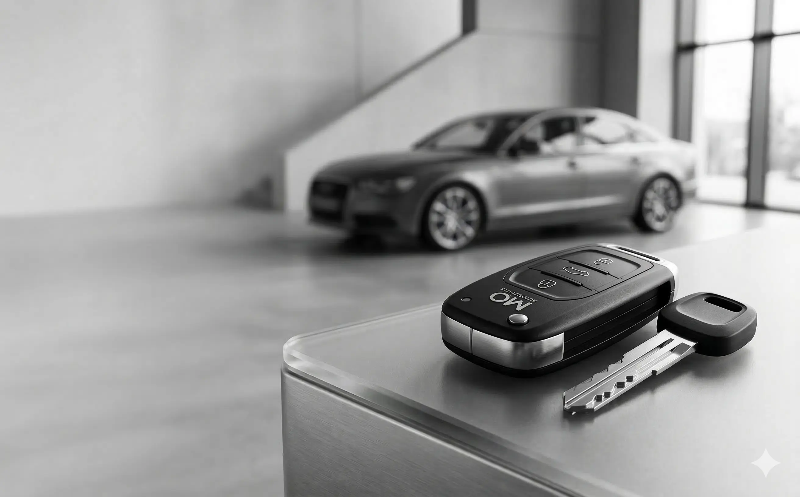 Premium autosleutel op een metalen oppervlak met een luxe auto op de achtergrond